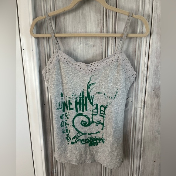 AMERICAN EAGLE VTG Y2K grey spaghetti strap eyelet trim graphic print Cami L - Picture 1 of 9